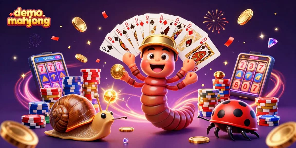 Mainkan demo mahjong dengan dealer kartun dan tumpukan chip besar di sekitar.
