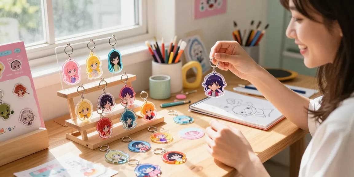 Custom acrylic keychain on display with vibrant designs in a creative workspace.