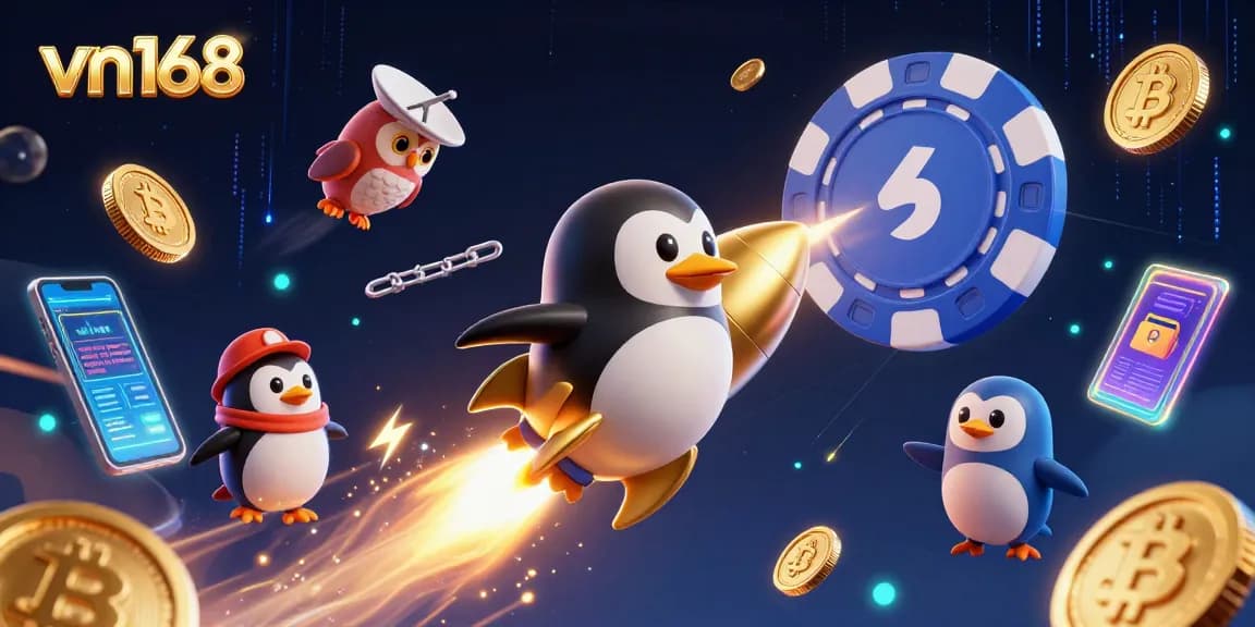 Experience the thrill of vn168 with a vibrant scene of a penguin and casino-themed elements in space.
