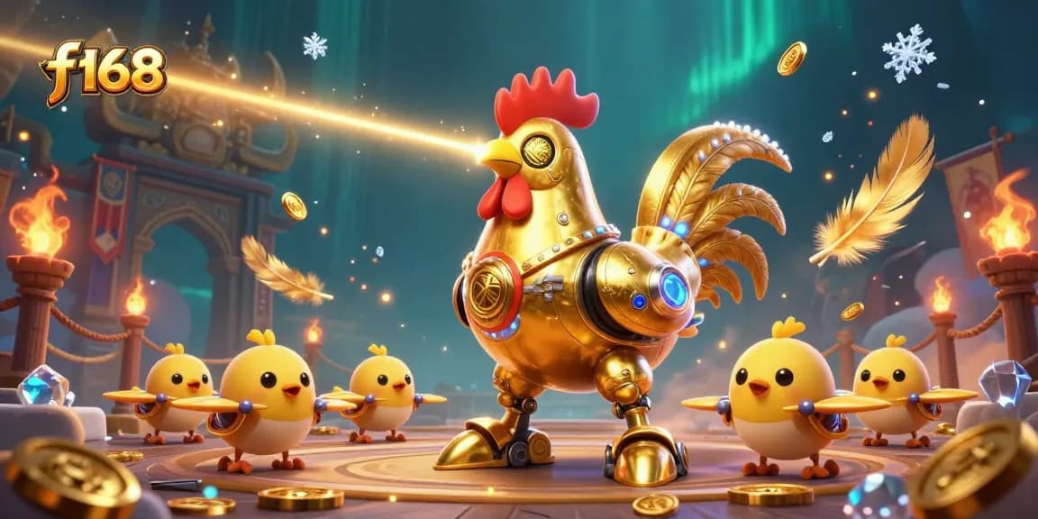 Experience thrilling gameplay at f 168 with a golden rooster robot and baby chick drones amidst a vibrant casino scene.