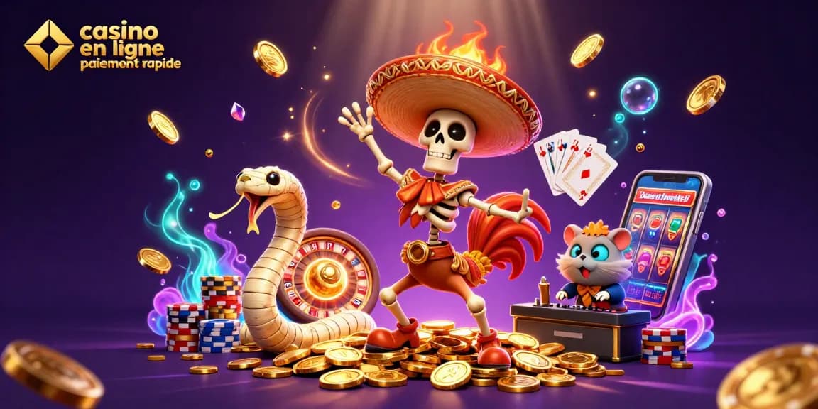 Jouez et gagnez sur un casino en ligne paiement rapide, visualisant un rooster mariachi dans une scène colorée de jeux d'argent.