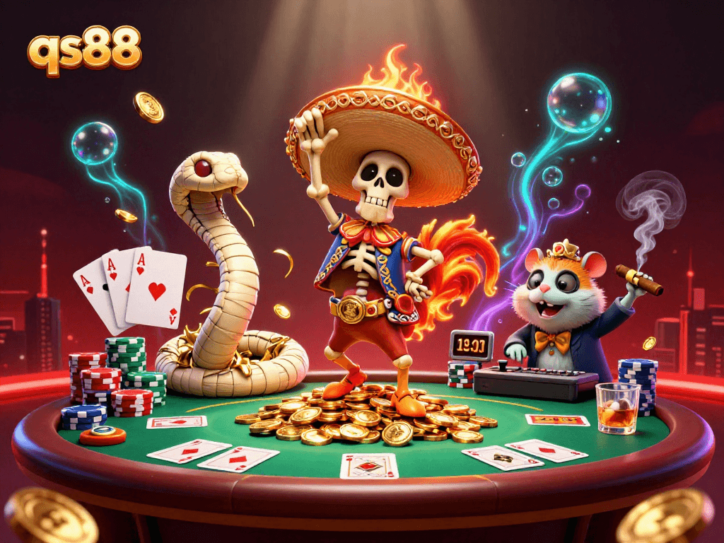 Experience the excitement of qs88 with a dynamic casino scene featuring colorful characters and gaming elements.