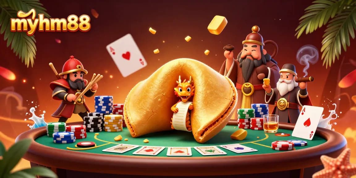 Experience the excitement of myhm88 with a vibrant illustration featuring a golden fortune cookie, poker elements, and characters.