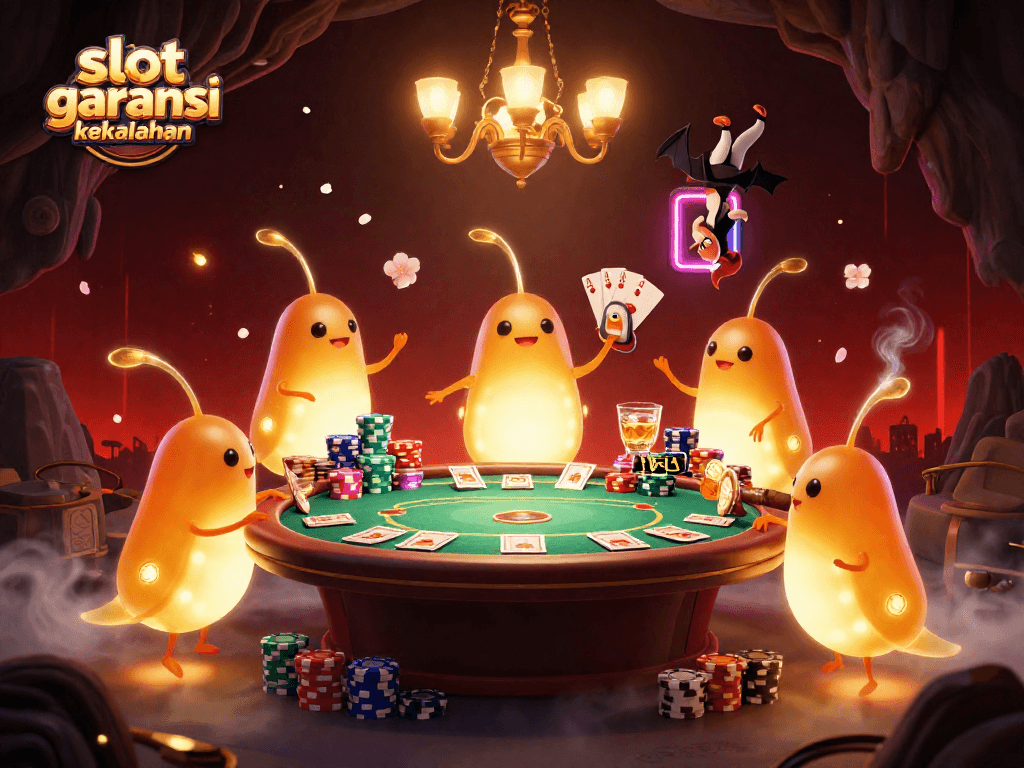 Engage in the slot garansi kekalahan as glowworms illuminate a vibrant cave casino scene.