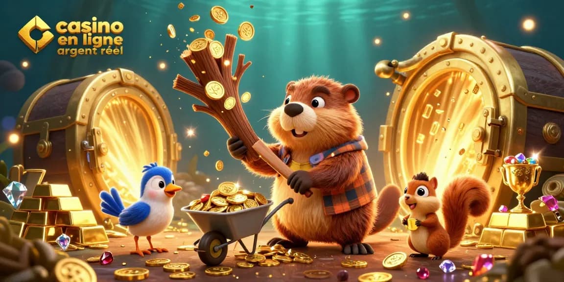Visualisez le jeu de casino en ligne argent réel avec un castor, un oiseau et un écureuil manipulant des richesses en or.