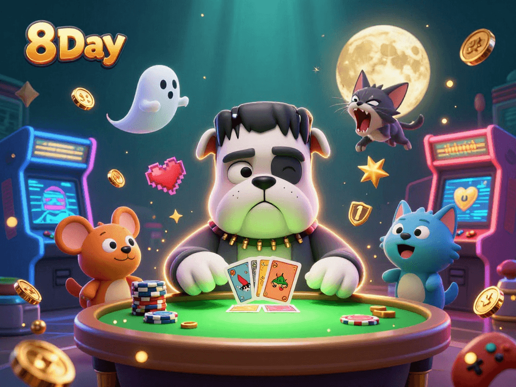 8 Day illustration featuring a bulldog monster dealing casino cards with gold accents and a ghost mouse.
