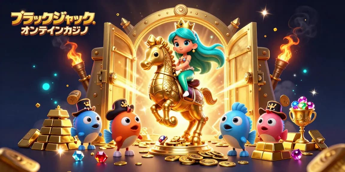 ブラックジャック オンラインカジノでの魅力的なゲームシーンを描いたイラスト