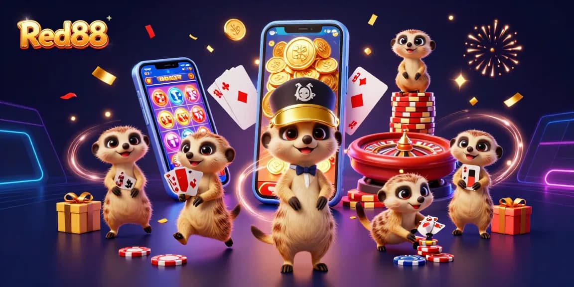 Play exciting games at Red88 with meerkat dealers and vibrant casino elements.