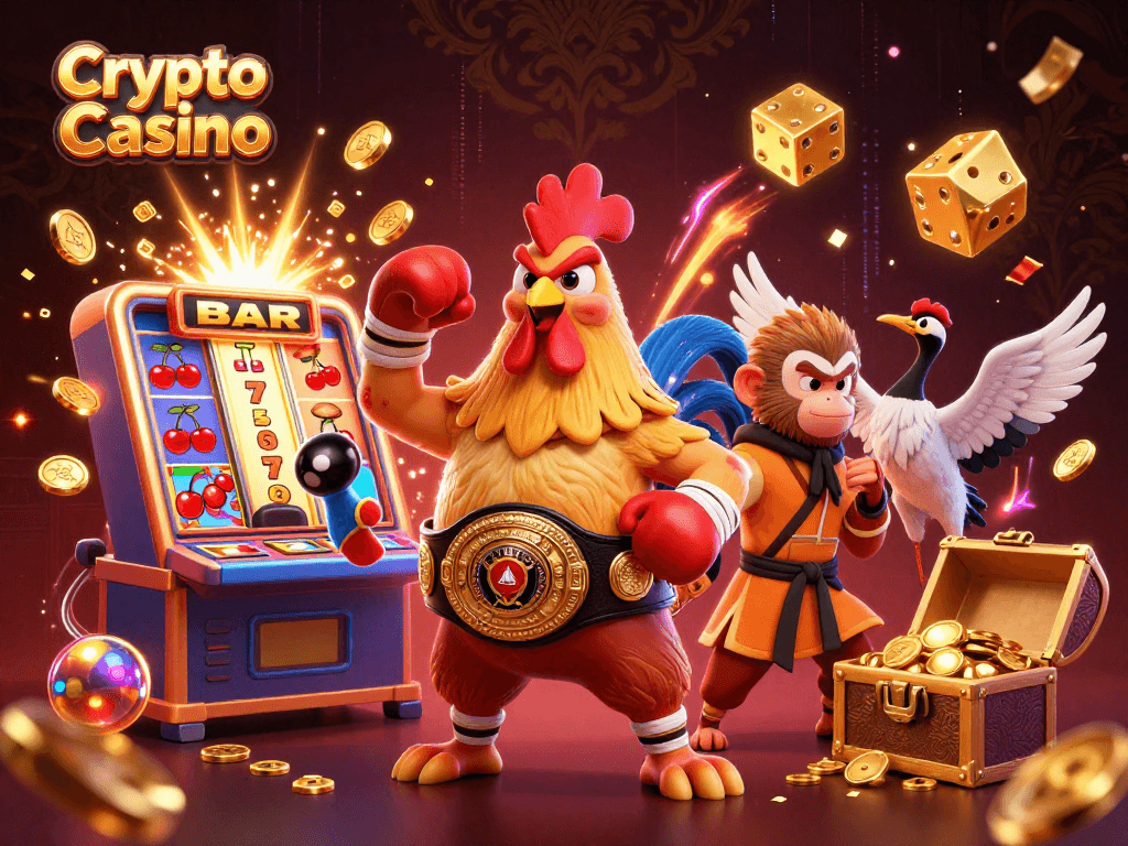 Engaging Crypto Casino illustration showcasing a Muay Thai rooster, Shaolin monkey, and wise crane amid dynamic game elements.