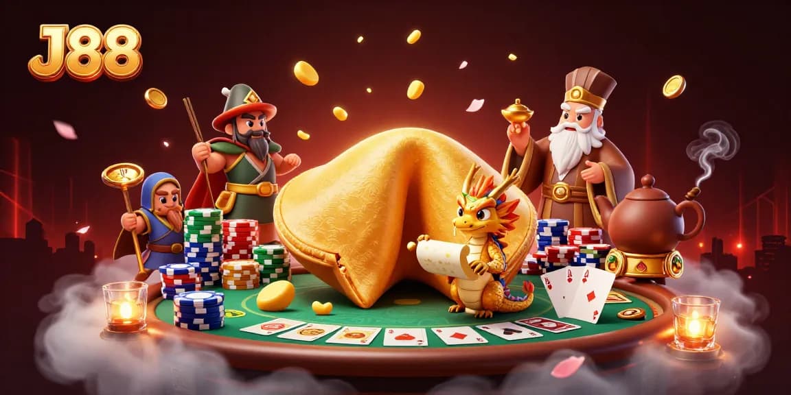 Experience the exciting world of J88 with a dynamic casino scene featuring poker elements, a golden fortune cookie, and more.