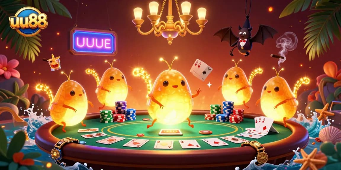 Experience exclusive games at uu88 casino with colorful poker action and enchanting glowworm characters.