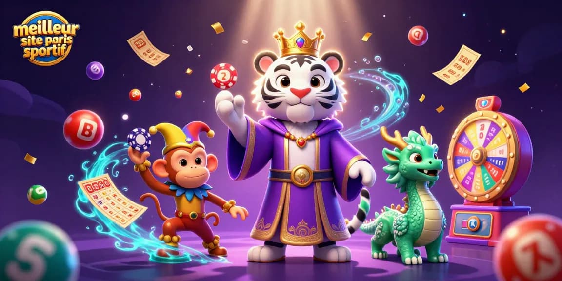 Découvrez le meilleur site de paris sportif avec un tigre royal entouré de ballons de loterie colorés.