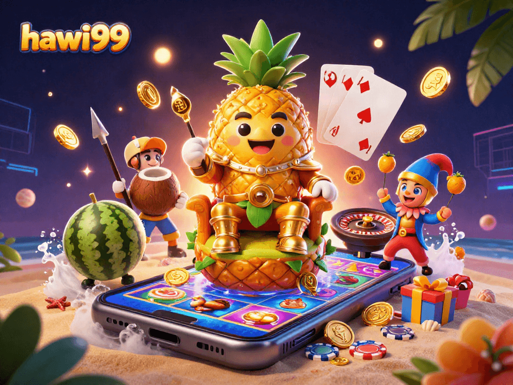 Spin to win with hawai99 in this vibrant, tropical-themed casino scene.