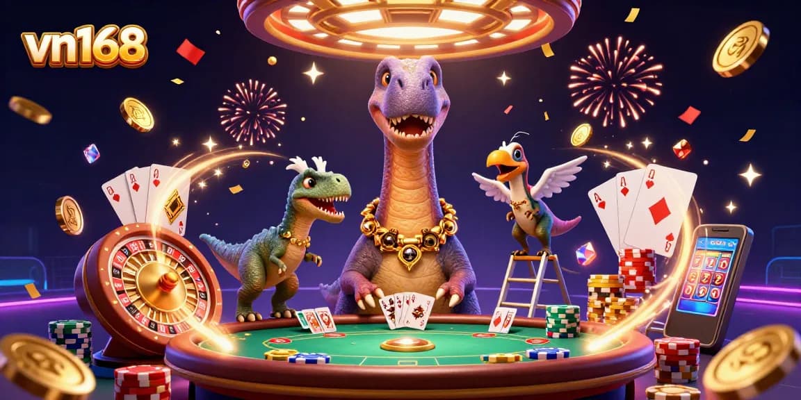 Experience thrilling moments at vn168 with a giant brontosaurus and raptor dealer in a vibrant casino