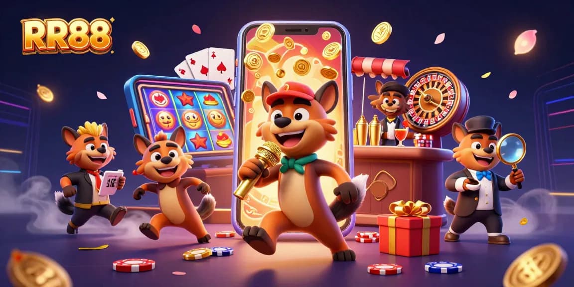 Experience casino excitement at RR88 with hyena characters in a colorful gambling scene.
