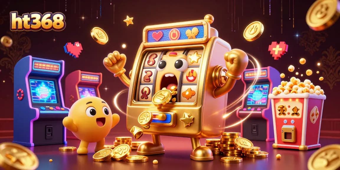 Experience the thrilling jackpot at ht368 with a lively golden slot machine celebrating wins amidst colorful casino elements.