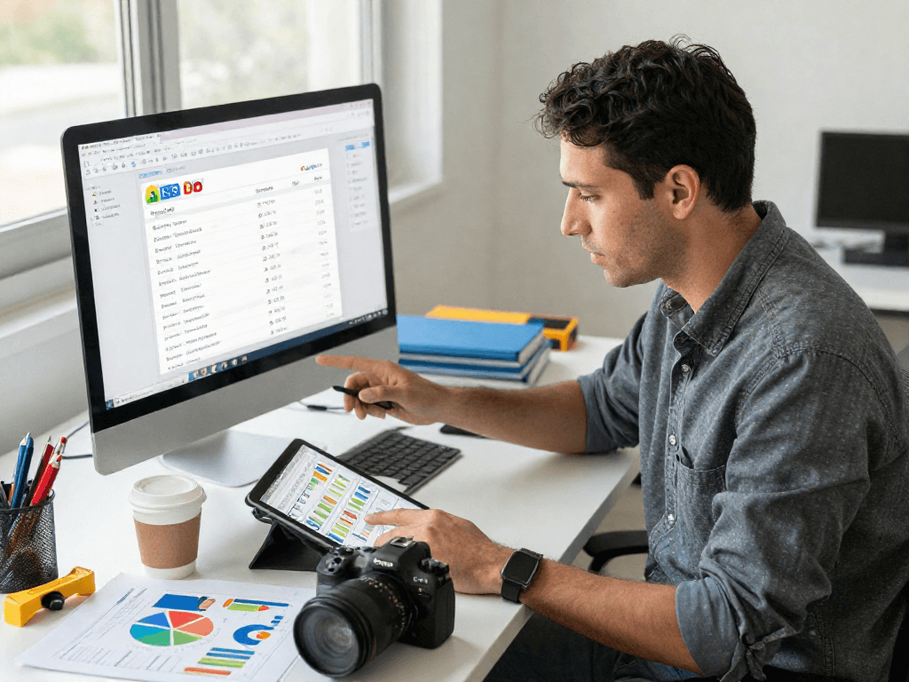 Local SEO for contractors: contractor analyzing SEO results with charts and tools in a professional workspace.