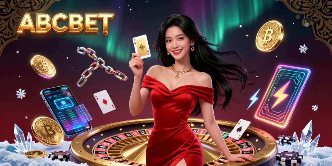 Win big with ABCBET at an elegant casino scene featuring a beautiful dealer and vibrant game elements.