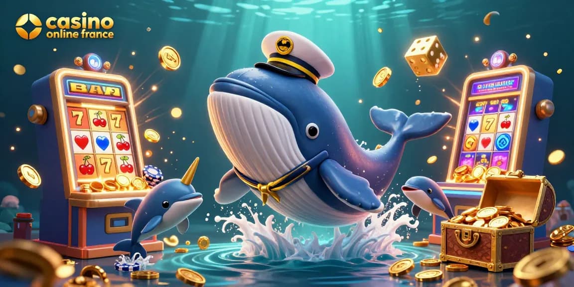 Découvrez des jeux passionnants de casino en ligne France avec une scène animée de baleines et de dauphins en action.