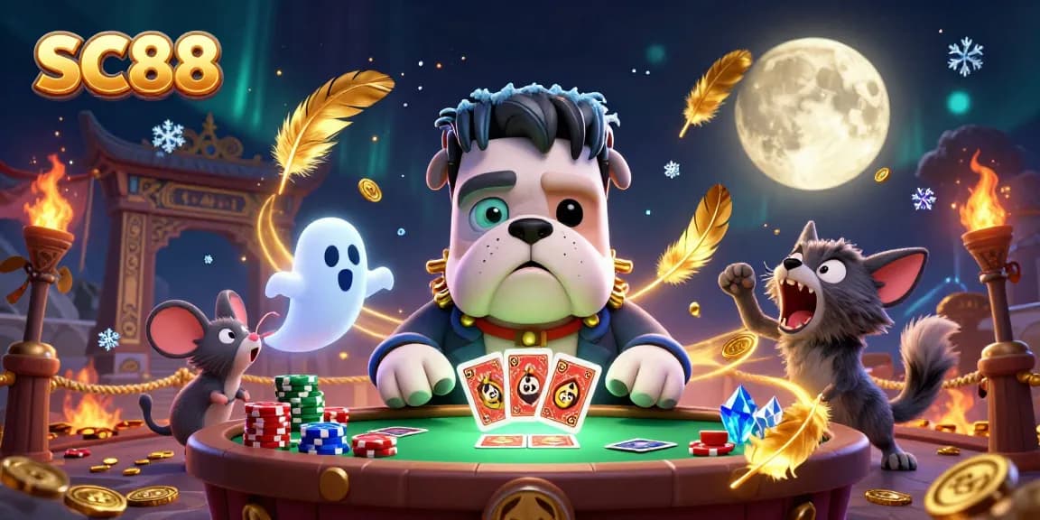 SC88 enhances thrill as a Frankenstein bulldog monster deals cards at a spooky casino table.