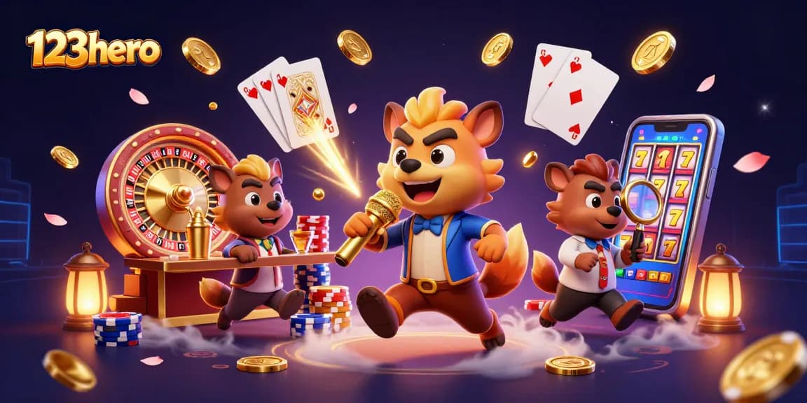 Hyenas entertain at 123hero’s comedy casino club with golden coins and vibrant casino elements.