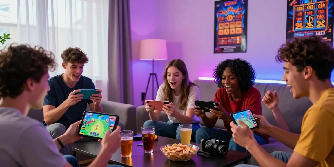 Exciting group of friends enjoying LAVOWIN login session on mobile devices, highlighting vibrant gaming atmosphere.