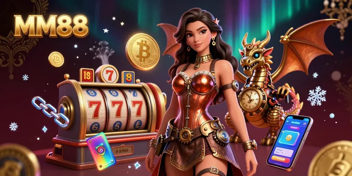 Engage with MM88's dynamic casino offerings, filled with slot reels and vibrant crypto elements.
