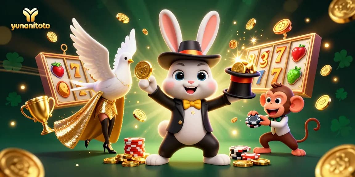 Experience thrilling wins at yunanitoto with a magical scene of characters pulling coins and jackpot symbols.