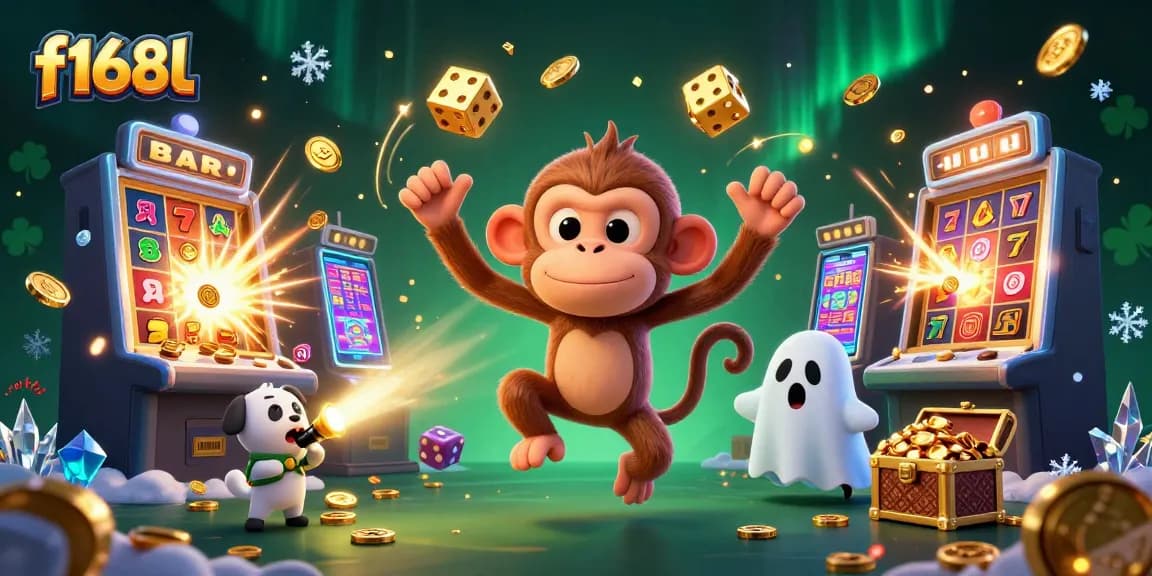 Engage in playful slots with f168l as the ghost-hunter puppy tracks the juggler monkey in a casino.