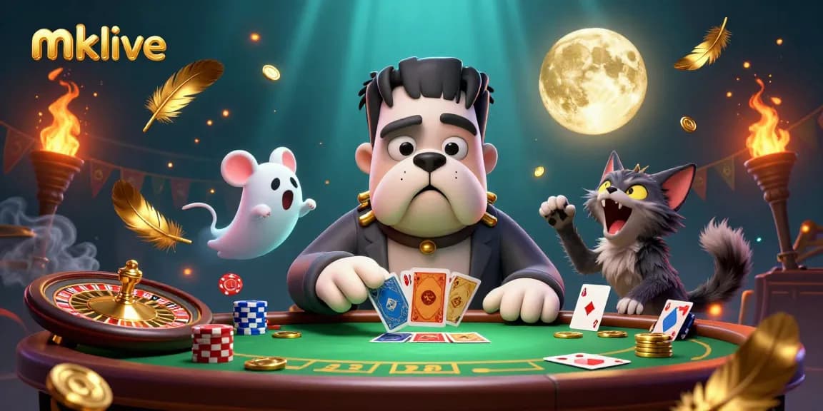 Engage with mmlive's thrilling casino experience, as a Frankenstein bulldog dealer interacts with players at a lively gaming table.