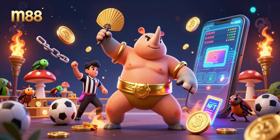 Bet on m88 as the rhinoceros beetle sumo champion stomps, sending coins flying in a vibrant casino scene.