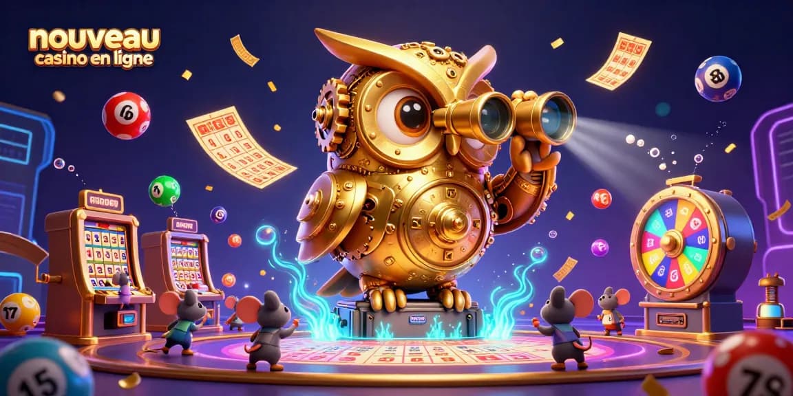 Visualisez un nouveau casino en ligne avec une chouette dorée et des éléments de loterie dynamiques.