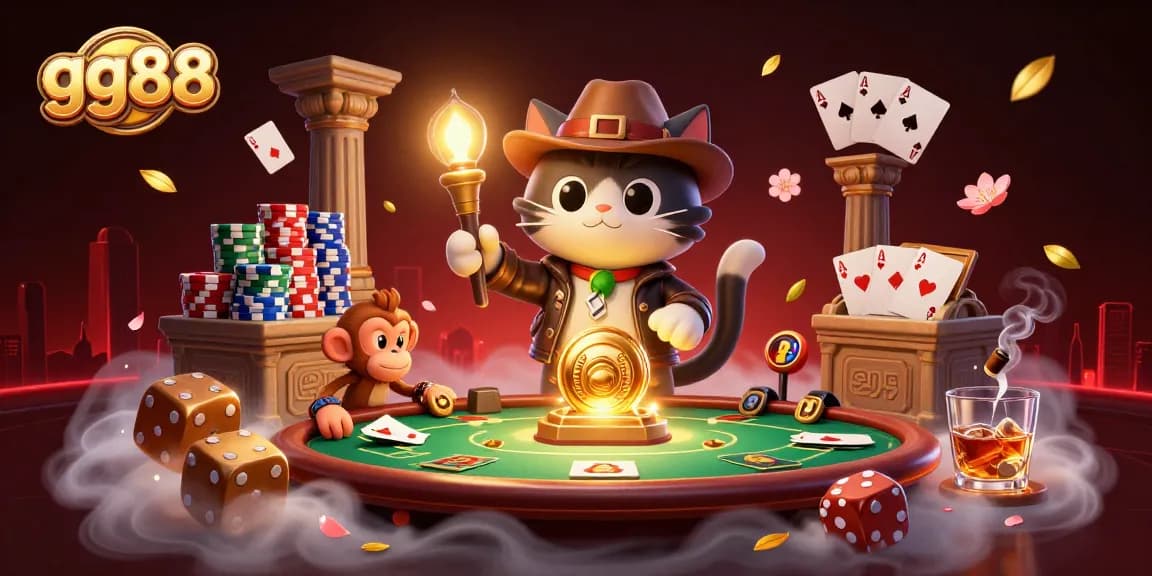 Experience the thrill of gg88's vibrant casino adventure with a cartoon archaeologist cat and monkey companion.