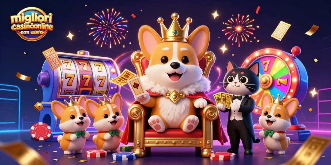 Scopri i migliori casinò online non AAMS con questa illustrazione 3D di un corgi reale e giochi colorati.