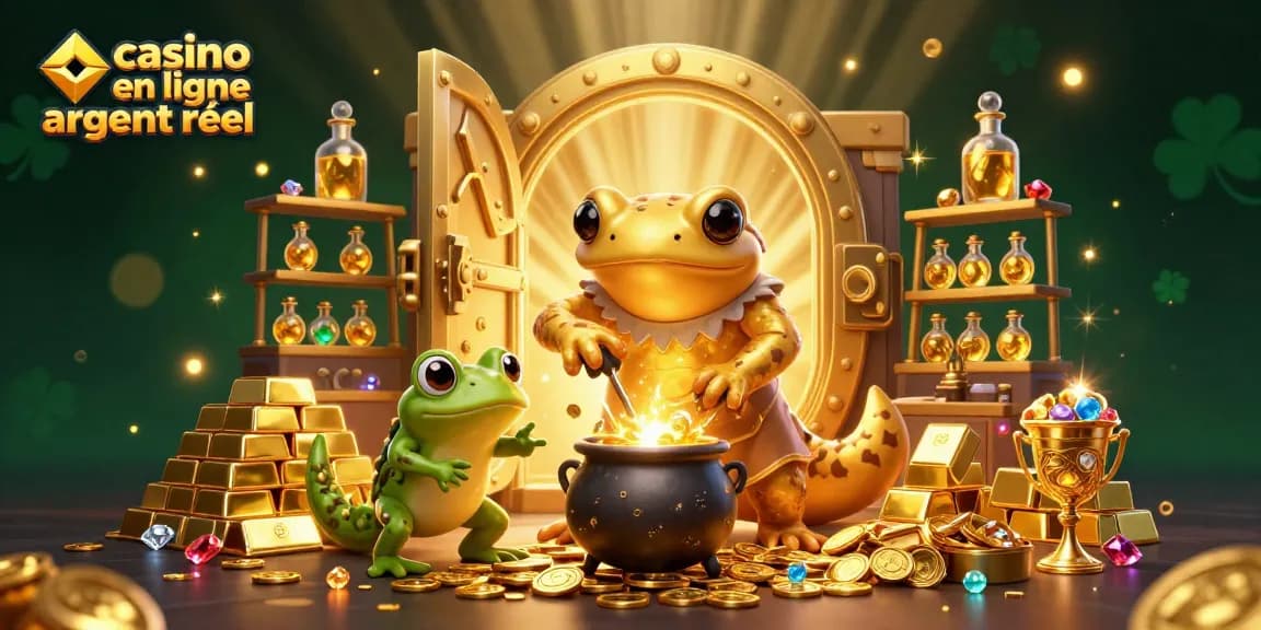 Profitez du divertissement des jeux de casino en ligne argent réel avec un alchimiste et ses apprentis créant de l'or.