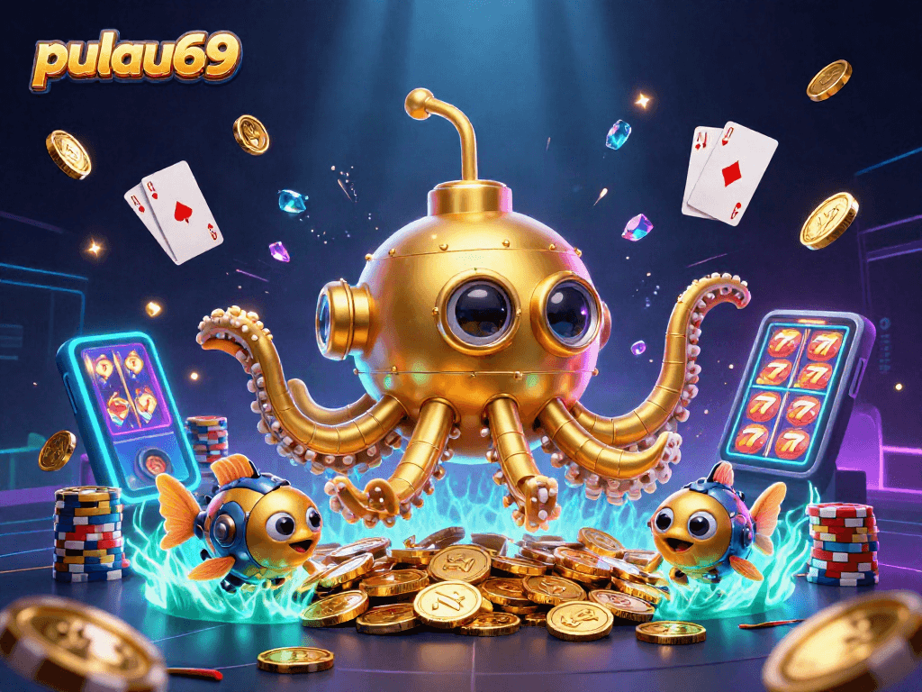 Experience the thrilling atmosphere of pulau69 as the golden kraken submarine surfaces among treasures.