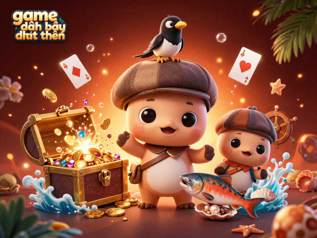 Experience the excitement of game đánh bài đổi thưởng with charming characters and vibrant casino elements.