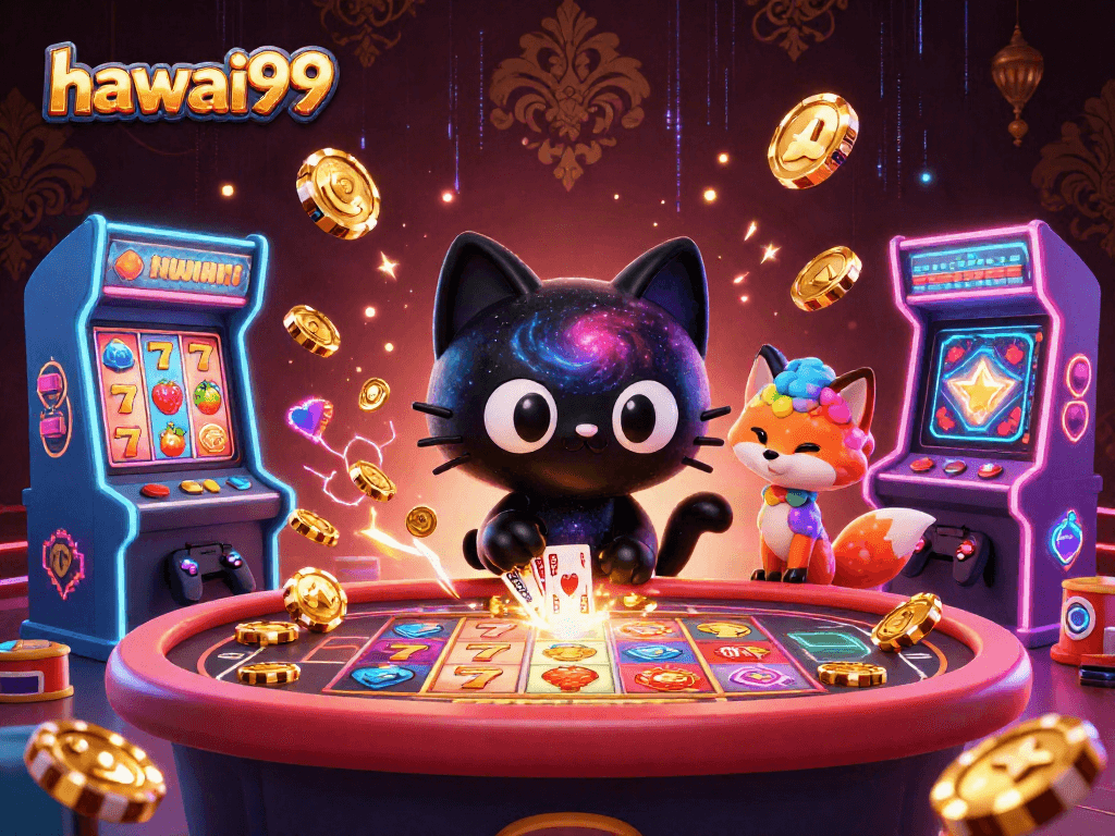 Engaging cosmic casino scene with hawai99 showcasing a black hole cat and vibrant game elements.