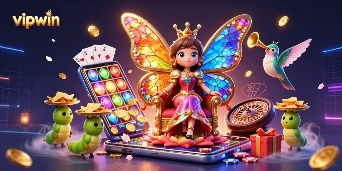 Engage with the vibrant vipwin illustration showcasing a 3D cartoon butterfly queen amidst a lively casino atmosphere.