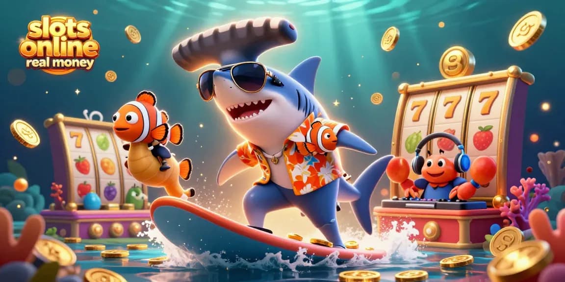 Experience excitement with slots online real money featuring a hammer-head shark surfing gold coins amidst vibrant game elements.