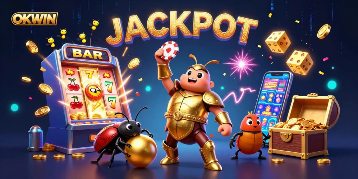 Experience the thrill of OKWIN as cartoon characters celebrate a jackpot in a vibrant casino scene.