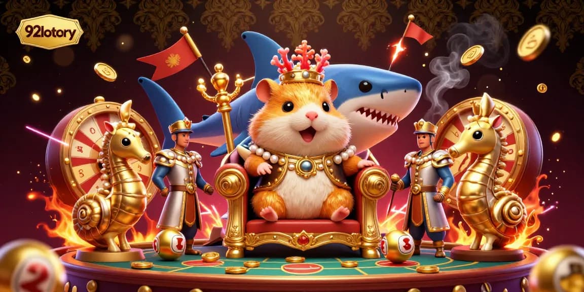 Experience thrilling games at 92lottery with a fierce hamster king surrounded by winning lottery balls.