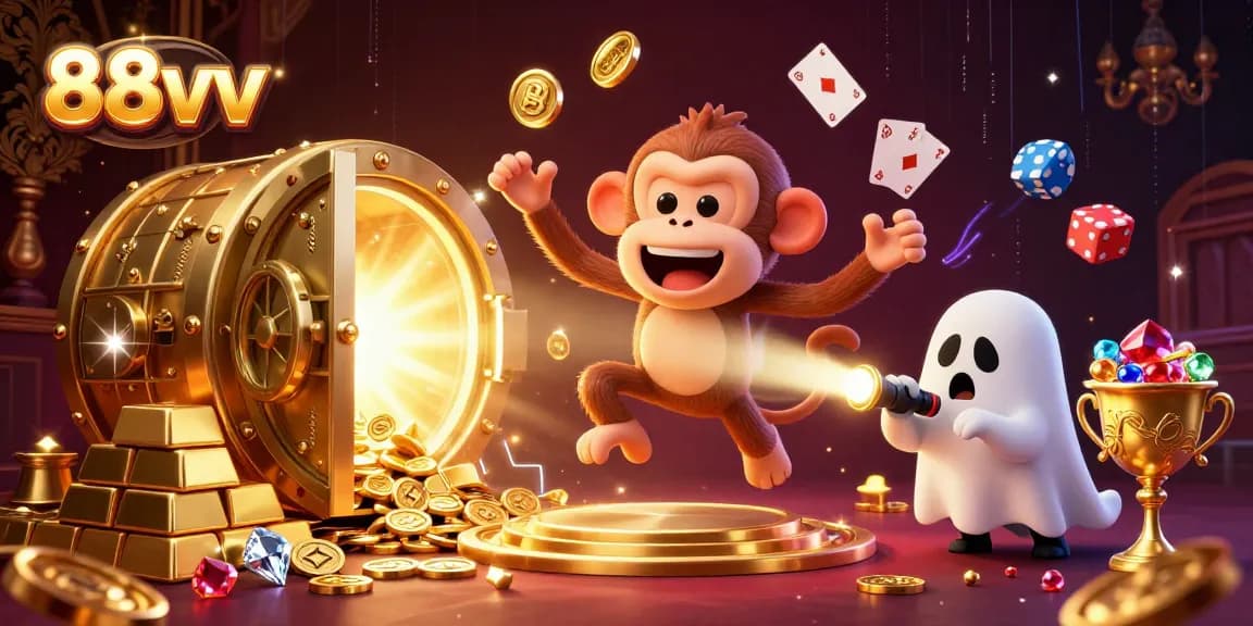 Experience the thrill of 88vv with a playful poltergeist monkey amid cascading treasures in a haunted casino.