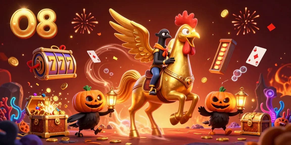 Spin the reels at O8 with the golden rooster in a vibrant casino scene filled with winning treasures.
