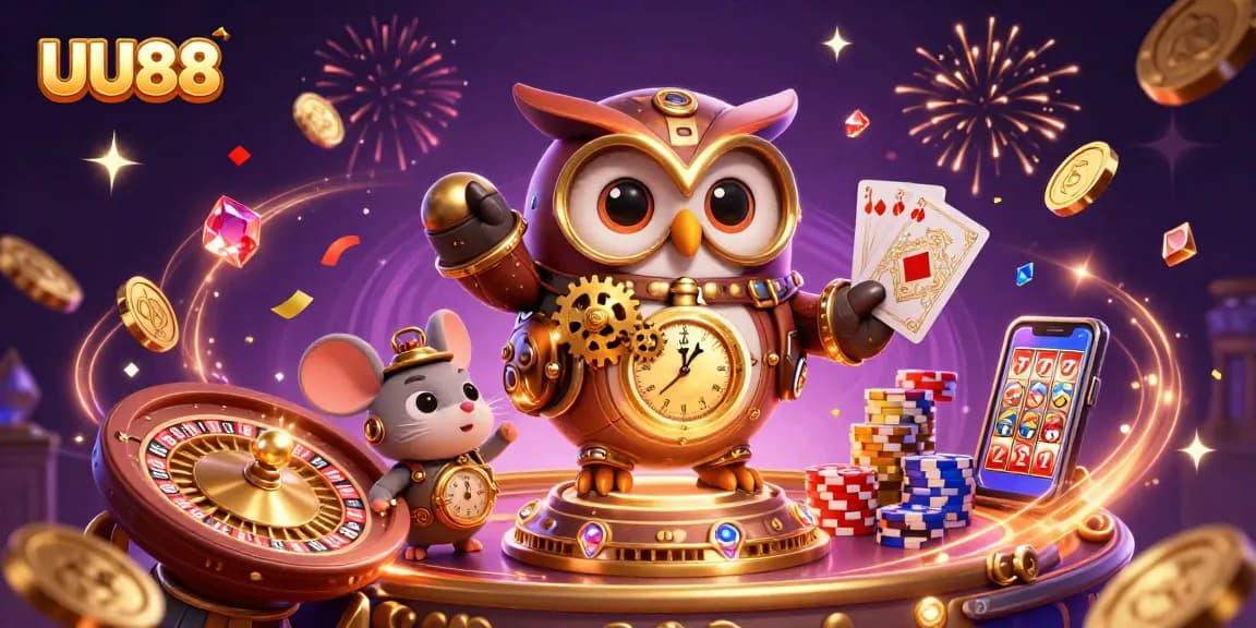 Experience thrilling gameplay with UU88 at a dynamic 3D casino illustration showcasing poker, roulette, and slots.