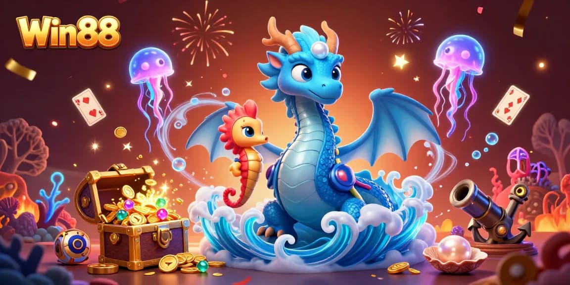 Win88 gamers enjoy vibrant slot scenes with a majestic dragon and cheerful characters celebrating gameplay.