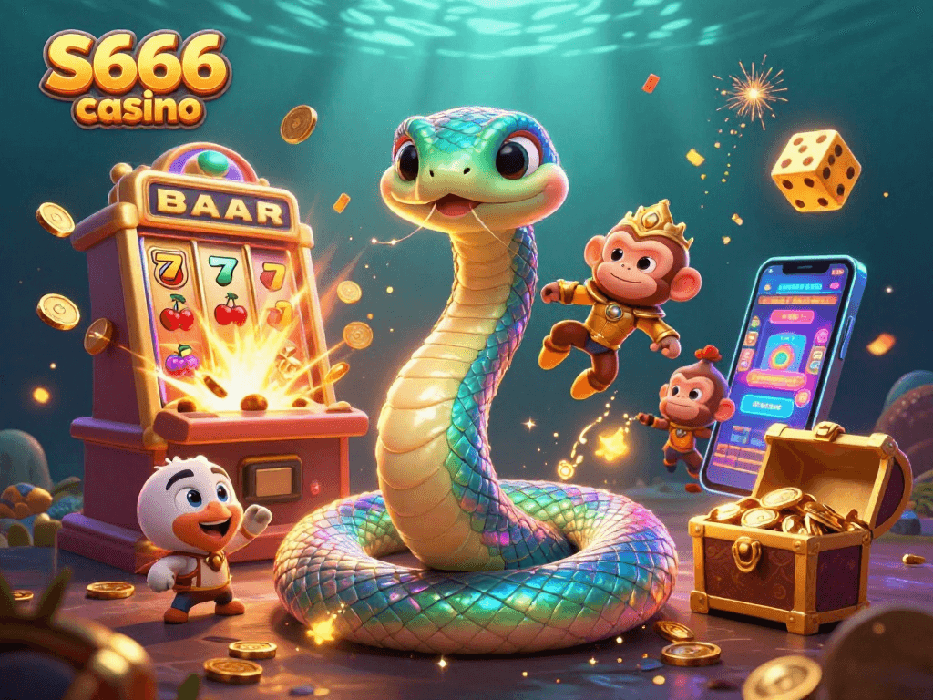 S666 casino slots burst with coins as a rainbow serpent and monkey king create a playful scene.