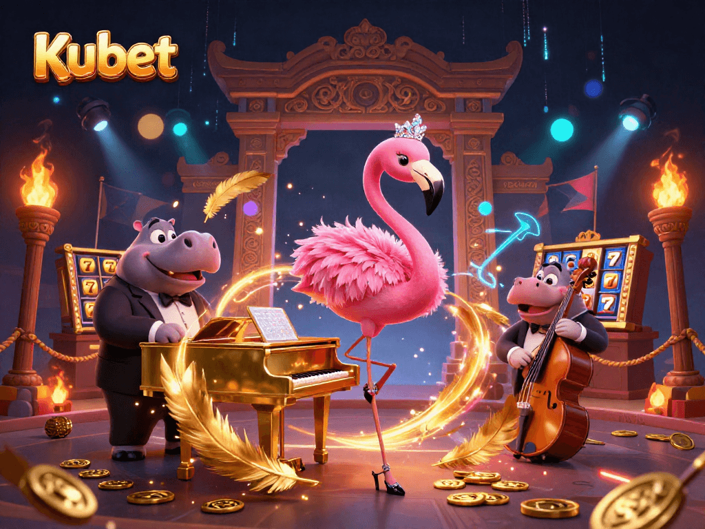 Kubet showcases vibrant casino energy featuring a flamingo singer and hippo bassist amidst dynamic slot gaming elements.