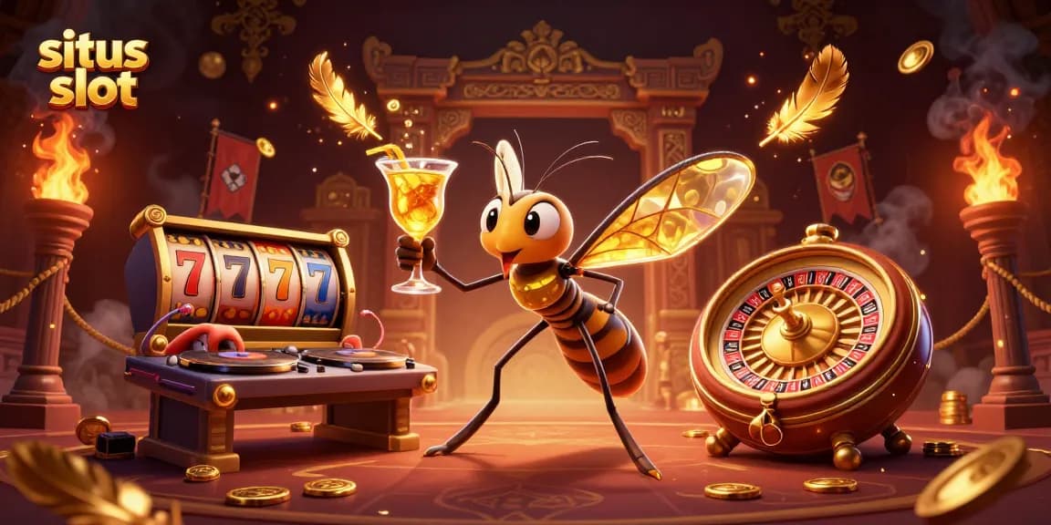 Experience situs slot excitement as a lively cartoon mosquito mascot raises a golden cocktail amidst thrilling gameplay elements.