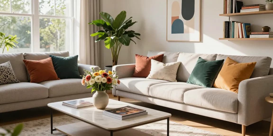 Stylish living room decor inspiration from https://themeroomideas.com with colorful pillows and natural light.